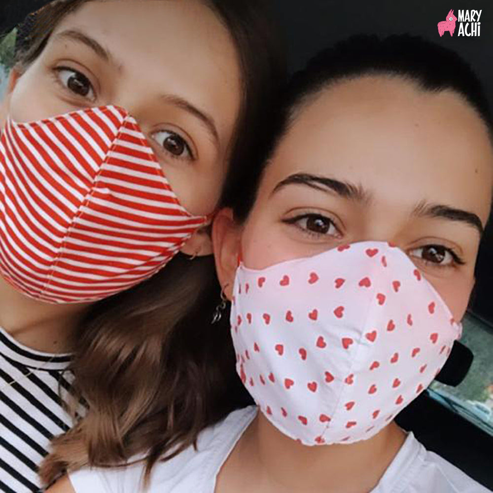 Cubreboca Tricapa Polka Azul / Fucsia - Adulto - MaryAchi